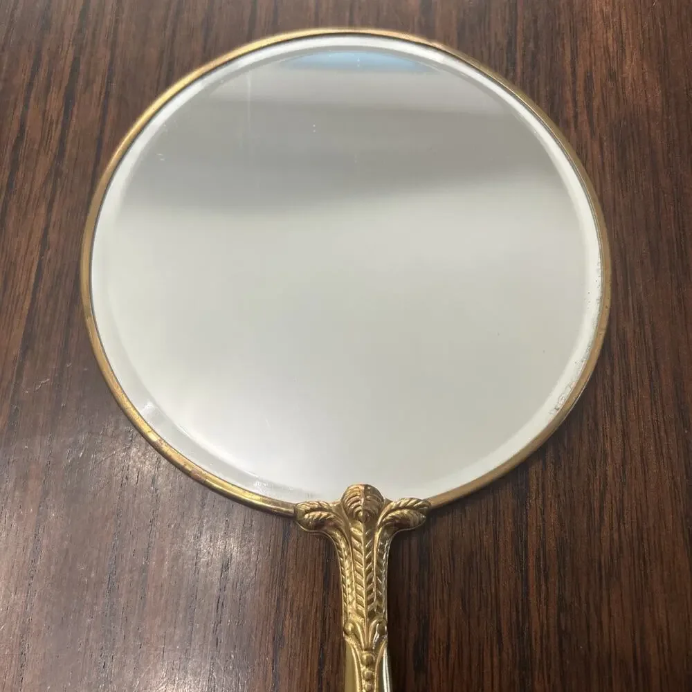 Vtg Art Deco Brass Hand Mirror Antique With Spiral Pattern